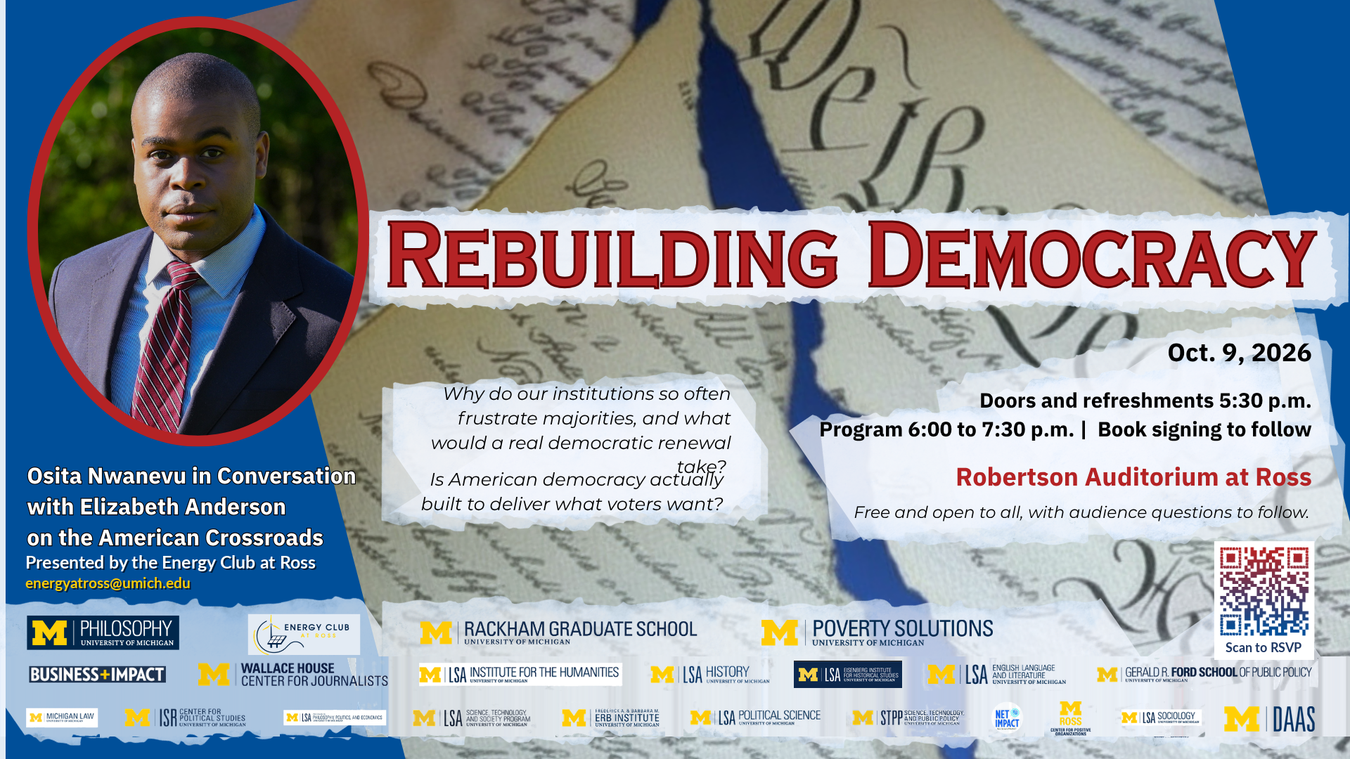 Free public event: "Rebuilding Democracy," journalist Osita Nwanevu in conversation with Professor Elizabeth Anderson. Friday, Oct. 9, doors 5:30 p.m., program 6:00 to 7:30 p.m., Robertson Auditorium at Ross. Ad shows the event title, date, times, location, a QR code, and co-sponsor logos.