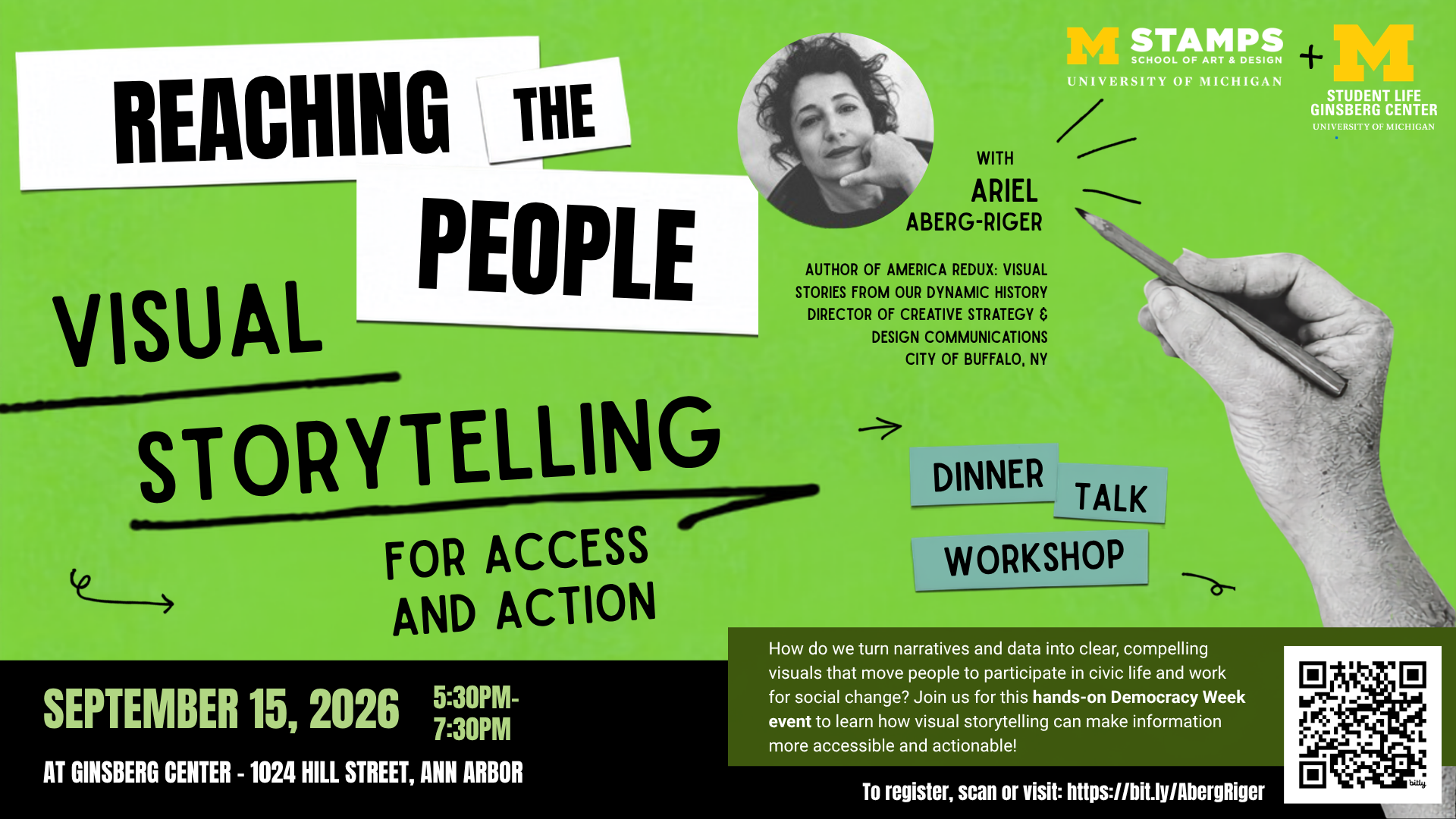 Ad for upcoming Ariel Aberg-Riger visual storytelling workshop, a Democracy Week event