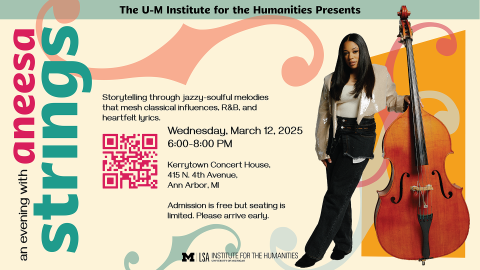 Poster for “An Evening with Aneesa Strings,” featuring a musician standing beside a double bass, with event details, a QR code, and text describing her blend of jazz, soul, R&B, and classical influences.