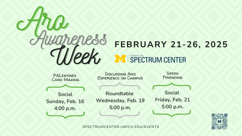 Poster for Spectrum Center’s Aro Awareness Week, February 16–21, 2026, featuring events including the Aro Week Kickoff on Monday, February 16 at 12:30 PM, Pal-entine’s Craft Making on Friday, February 20 at 2:30 PM, and Aro Week Gayme Day on Saturday, February 21 at 4:00 PM.