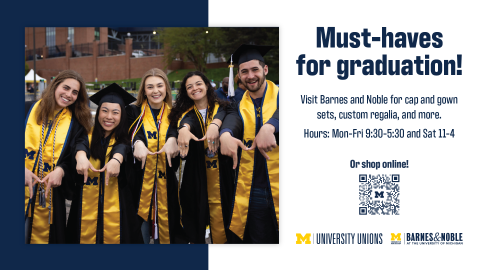 Poster promoting graduation essentials at Barnes & Noble, featuring students in graduation caps and gowns and information about cap and gown sets, custom regalia, shopping dates, online ordering, and a QR code.