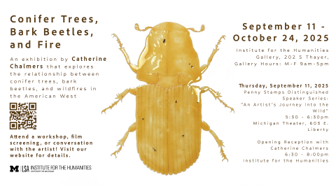 Poster for “Conifer Trees, Bark Beetles, and Fire,” an exhibition by Catherine Chalmers exploring the relationship between conifer trees, bark beetles, and wildfires in the American West, featuring a large beetle illustration, exhibition dates, event details, and a QR code for more information.