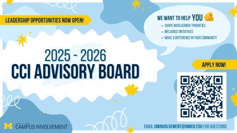 Poster promoting applications for the 2025–2026 CCI Advisory Board, featuring leadership opportunities, QR code application link, and information about shaping campus involvement initiatives through Campus Involvement.