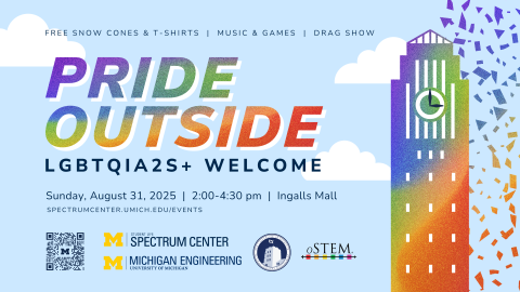 Poster for “Pride Outside: LGBTQIA2S+ Welcome” event with free snow cones, T-shirts, music, games, and drag show on Sunday, August 31, 2025, from 2:00–4:30 pm at Ingalls Mall, featuring rainbow text and Burton Memorial Tower artwork.
