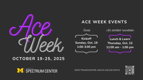 Poster for Spectrum Center’s Ace Week, October 19–25, 2025, featuring event details for a kickoff social on Sunday, October 19 from 1:00–3:00 PM and an Ace identities roundtable lunch and learn on Thursday, October 23 from 11:00 AM–1:00 PM.