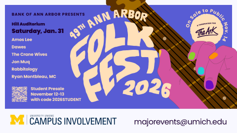 Poster for the 49th Ann Arbor Folk Festival 2026 at Hill Auditorium featuring concert dates, artist lineup, illustrated guitar artwork, and University of Michigan Campus Involvement contact information.