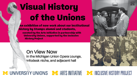 Poster for “Visual History of the Unions,” an exhibition featuring new work by Stamps alumni and students about institutional history, on view at the Michigan Union Opera Lounge, infodesk niche, and adjacent hall, with historical photographs and partner organization logos.