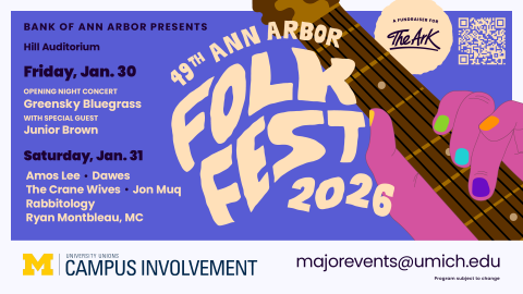Poster for the 49th Ann Arbor Folk Festival 2026 at Hill Auditorium featuring concert dates, artist lineup, illustrated guitar artwork, and University of Michigan Campus Involvement contact information.