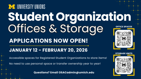 Poster announcing applications for Student Organization Offices and Storage spaces, open January 12–February 20, 2026, for registered student organizations, with QR codes for office spaces and storage units and contact information for questions.