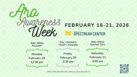 Poster for Spectrum Center’s Aro Awareness Week, February 16–21, 2026, featuring events including the Aro Week Kickoff on Monday, February 16 at 12:30 PM, Pal-entine’s Craft Making on Friday, February 20 at 2:30 PM, and Aro Week Gayme Day on Saturday, February 21 at 4:00 PM.
