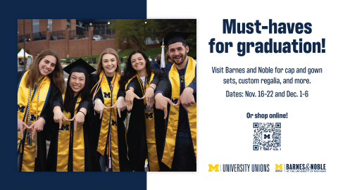 Poster promoting graduation essentials at Barnes & Noble, featuring students in graduation caps and gowns and information about cap and gown sets, custom regalia, shopping dates, online ordering, and a QR code.