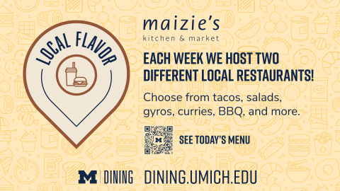Poster for Maizie’s Kitchen & Market promoting rotating local restaurant offerings, featuring menu options like tacos, salads, gyros, curries, and BBQ, with a QR code to view today’s menu.