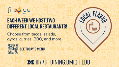 Poster for Fireside Café promoting weekly rotating local restaurant offerings, featuring menu options like tacos, salads, gyros, curries, and BBQ, with a QR code to view today’s menu.