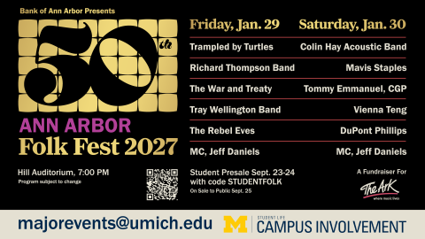 A black slide with gold and white font. The text is about the Ann Arbor Folk Fest and applicable schedule. 