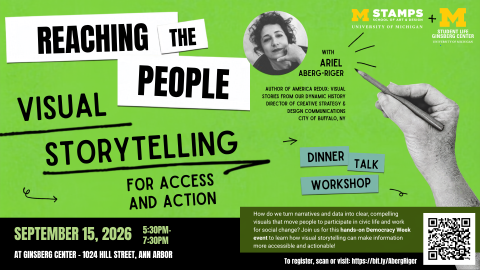 Ad for upcoming Ariel Aberg-Riger visual storytelling workshop, a Democracy Week event