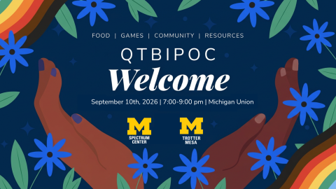 Infographic for the 2026 QTBIPOC Welcome, occurring on Thursday, September 10, from 7:00pm – 9:00pm in Spectrum Center (Michigan Union, Room 3020)